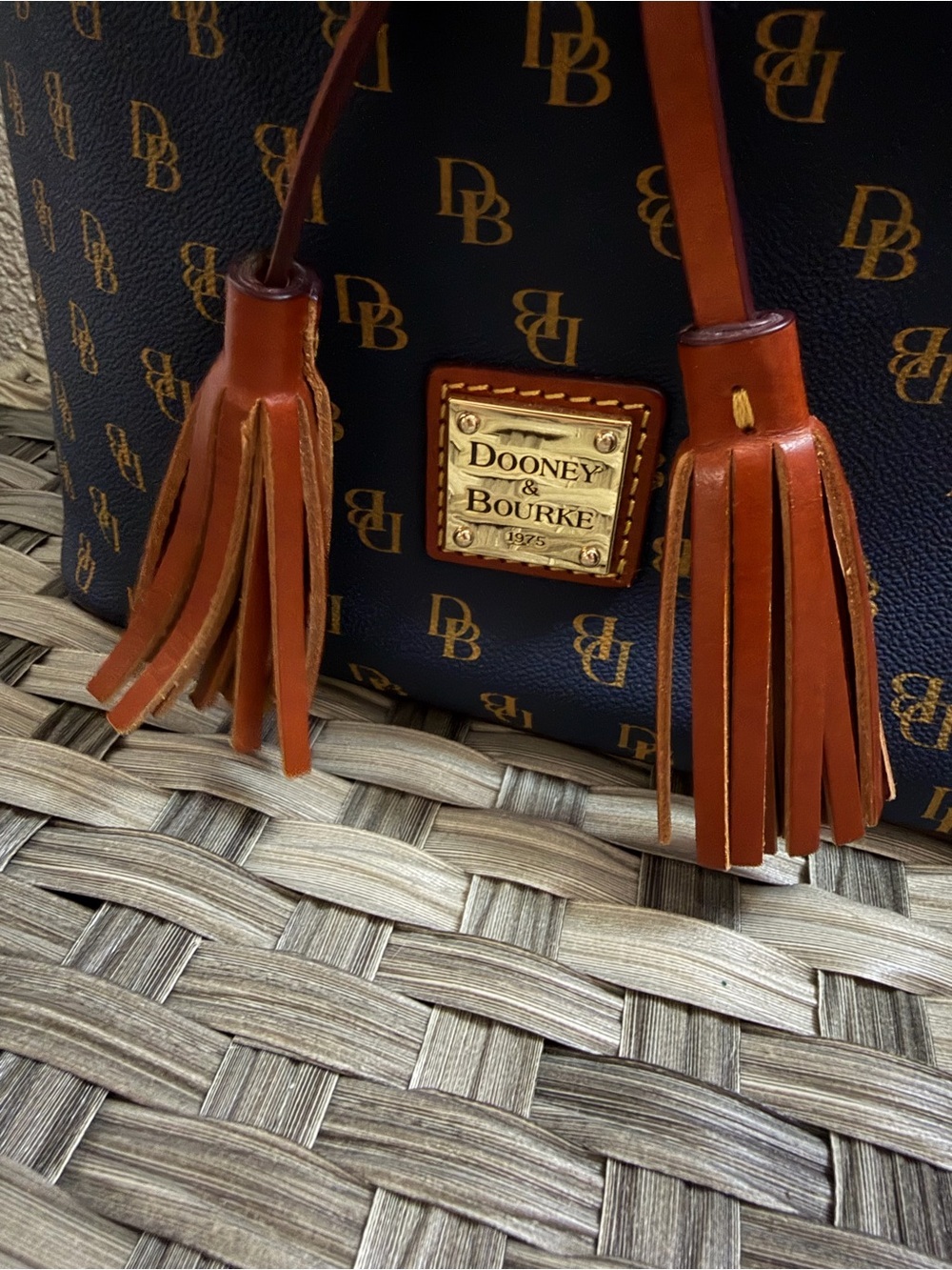 Dooney & Bourke Gretta Navy and Brown Monogram Drawstring Bucket Bag - Picture 11 of 14